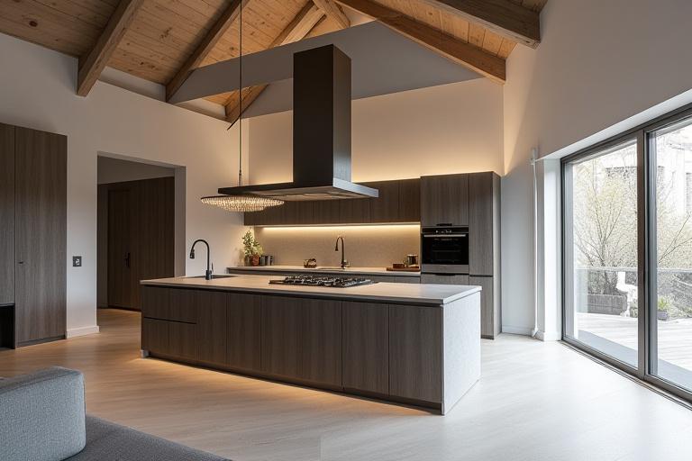 Vista di un attico moderno con cucina su misura a isola, realizzato da Echi Del Design.